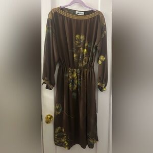 Vintage 70s Painted Sheer Floral Brown Dress Size7/8